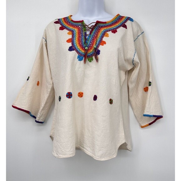 Vintage 60s Mexican Blouse Top Peasant Embroidered Floral Folkwear Art Frida - Picture 1 of 11